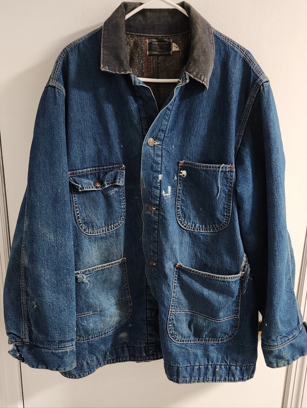 Vintage Sears Blue Denim Work Coat with Dark Corduroy Collar, Size XL